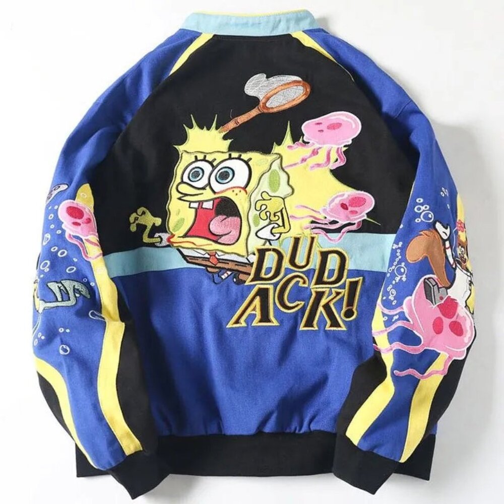 SpongeBob Jellyfishing Varsity Jacket – Limited Edition Embroidered Cartoon Bomb